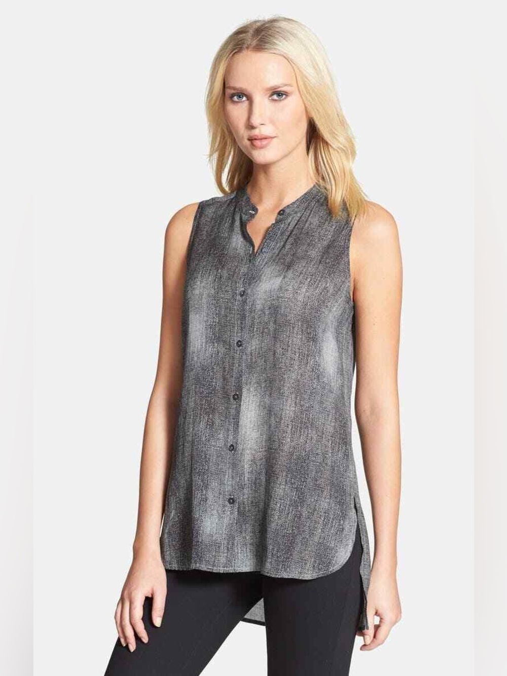 Eileen Fisher Silk Crepe Mandarin Collar Button Up Sleeveless Blouse